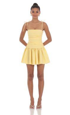 Ruched Fit and Flare Dress in Yellow | LUCY IN THE SKY Yellow Embroidered Dress, Sadie's Dresses, Fluttershy Dress, Yellow Hoco Dress, Yellow Homecoming Dress, Sorority Recruitment Outfits