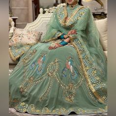 Mint Green Heavily Embellished Outfit With Peacock Motifs And Organzas Fully Embellished Dupatta. Gives A Regal Bridal Look Embellished Outfit, Peacock Motifs, Embellished Clothing, Dress Salwar Kameez, Dresses Green, Dresses Indian, Bridal Look, Designer Dresses Indian, Bridal Looks