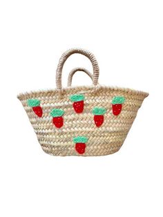 Strawberry Tote Hand embroidered strawberries on straw tote bag. 10" from handle to base, 13.5" across top, 3" handle Embroidery on 1 side only Color: Red Strawberries Material: Straw Handmade, each tote may vary slightly Imported Pineapple Sunshine Casual Embroidered Straw Tote Bag, Red Basket Beach Bag For Summer, Red Straw Tote Bag, Red Straw Bag For Summer, Red Straw Bag For Summer Market, Red Summer Straw Bag With Handles, Red Straw Bag With Handles For Summer, Embroidered Strawberries, Fruit Embroidery