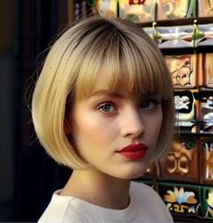 Default blonde short french bob 1 French Bob Blonde, Blonde French Bob, French Bob Fine Hair, Bob Blonde Hair, French Bob With Bangs