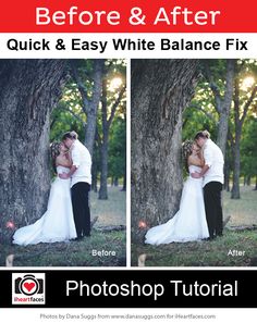 the before and after photoshopped image of a bride and groom kissing in front of a tree