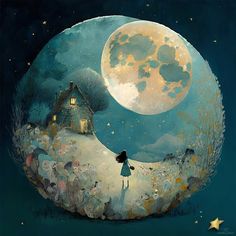 a painting of a girl standing in front of a full moon