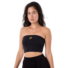 Women's cropped tube top with an embroidered purdue p center chest. This top is made from a cotton spandex blend and features a cropped fit Cropped Cotton Stretch Tube Top, Stretch Cotton Cropped Tube Top, Black Strapless Cotton Crop Top, Stretch Bandeau Sports Top, Stretch Bandeau Top For Sports, Cropped Tube Top, Tube Top, Cotton Spandex, Women Crop