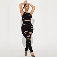 Jumpsuit Sleeveless High Neck Distressed Legging Stretch Invisible Back Zipper Disclaimer: Due To The Distressing Process, Each Garment Distressed Leggings, Party Jumpsuit, Sweater Jumpsuit, Free Dresses, Jumpsuit Party, Jumpsuit Black, Jumpsuit Fashion, Black Jumpsuit, Sweater Jacket