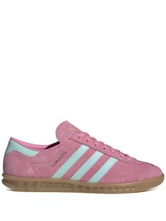 bubblegum pink suede logo print to the side signature 3-Stripes logo contrasting branded heel counter round toe logo-print tongue branded insole gum-rubber sole Adidas Hamburg, Suede Trainers, Casual Sneakers Women, Iconic Bags, Pink Adidas, Pink Suede, Summer Beach Wear, Flat Boots, Exclusive Fashion