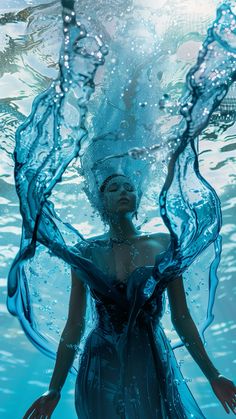 a woman in a blue dress under water