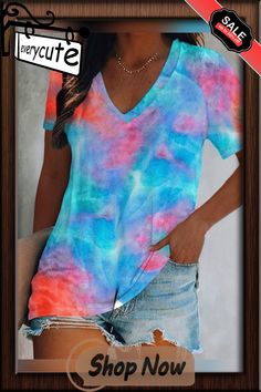 Tie Dye Print V-neck Short Sleeve T-shirt Tie Dye Print, 4 Inch, Tie Dye, Dye, V Neck, Women's Top, T Shirt