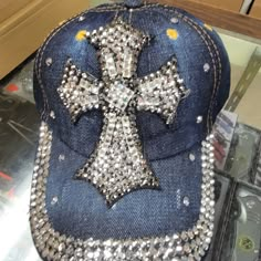 This Beautiful Rhinestone Cross Baseball Cap Is Adjustable Adjustable Blue Hat With Rhinestones, Blue Adjustable Hat With Rhinestones, Y2k Hats, 2000s Accessories, 2000s Room, Rhinestone Outfit, Jean Hat, Dope Hats, Outfit Inspo Casual