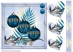 a set of christmas ornaments with blue balls and leaves