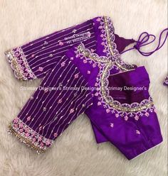 Purple Colour Blouse Maggam Work Designs, Purple Maggam Work Blouse Designs, Multi Colour Blouse Designs, Purple Colour Blouse Designs, Purple Blouse Work Designs, Embroidery Designs For Blouses, Purple Blouses, Hand Embroidery Saree, Mirror Work Embroidery