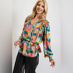 Plus Size New With Tags Chic Multicolor Blouse For Fall, Chic Multicolor Blouse For Day Out, Multicolor Tops For Fall Day Out, Vibrant Long Sleeve Tops For Day Out, Chic Tops With Vibrant Print For Brunch, Chic Vibrant Print Tops For Brunch, Chic Multicolor Tops For Spring, Chic Multicolor Spring Tops, Vibrant Green Fall Top