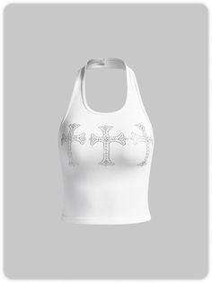 Street White Cross Top Tank Top & Cami | kollyy Clubbing Shoes, Y2k Halter Top, Tank Tops Diy, White Cami Tops, Off White Designer, Cross Belt, Halter Pattern, Royal Blue T Shirt, Strapless Ruffle Dress