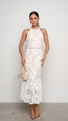 Product Details : White Halter Style Maxi Lace Stretch 81760 C7-2 Model is wearing a size small White Dress Top, Jumpsuit And Blazer, Usa Outfit, Guest Dress, Lace Maxi, Halter Style, Lace Maxi Dress, White Maxi Dresses, Floral Dress Black