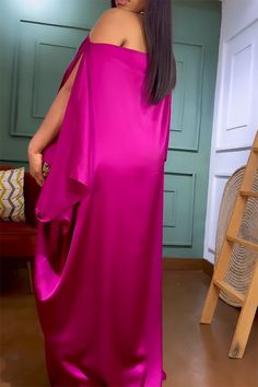 Plus Size Semi Formal Dress Magenta Solid One Shoulder Split Sleeve Maxi Dress Pink Satin One-shoulder Dress With Asymmetrical Neckline, One Shoulder Solid Maxi Dress For Night Out, Solid One-shoulder Maxi Dress For Night Out, Solid One Shoulder Maxi Dress For Party, Party One Shoulder Maxi Dress, Party Maxi Dress With One Shoulder, Solid Color One-shoulder Evening Maxi Dress, Solid One-shoulder Maxi Dress For Evening, Maxi Dress With Asymmetrical Neckline For Party