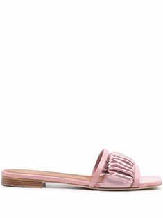 rose pink leather panelled design open toe slip-on style flat rubber sole Chic Pink Slip-on Slides, Pink Slip-on Flats For Summer, Chic Pink Flat Slides, Pink Leather Open Toe Slides, Pink Open Toe Slides With Rubber Sole, Elegant Spring Slides With Rubber Sole, Pink Leather Slides With Flat Heel, Pink Slip-on Flat Sandals, Pink Spring Mules With Rubber Sole