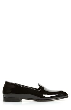 Complete your formal look with this refined loafer crafted in Italy from gleaming patent leather. Leather upper, lining and sole Made in Italy Designer Shoes Sleek Patent Leather Loafers With Leather Sole, Classic Patent Leather Platform Loafers With Rubber Sole, Formal Patent Leather Loafers With Glossy Finish, Formal Patent Leather Loafers With Leather Sole, Sleek Patent Leather Slip-on Loafers, Classic Glossy Finish Slip-on Loafers, Modern Patent Leather Slip-on Loafers, Modern Patent Leather Dress Shoes With Glossy Finish, Sleek Patent Leather Loafers With Rubber Sole