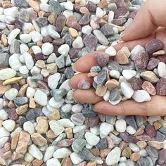 a person holding rocks in their hand on top of a pile of stones and gravel