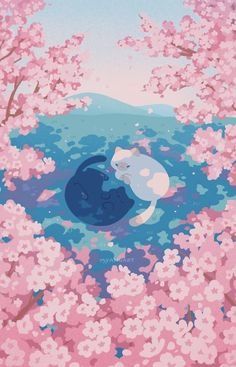 a cat is sitting in the middle of some pink flowers with water and trees behind it