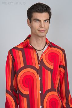 Step into the nostalgic charm of the 60s and 70s with our Retro Shirt, a Men's Vintage Style Shirt that effortlessly blends the essence of Mod fashion with the free-spirited vibes of the Hippie era. This Orange Brown Stripe Shirt is designed as a Men's Dress Shirt, showcasing a captivating geometric pattern in brown and orange hues, reminiscent of the era's iconic style.With long sleeves for a touch of sophistication and crafted from 100% polyester, this Retro Shirt ensures both comfort and dura 70s Inspired Shirt With Retro Print For Summer, 70s Inspired Retro Print Shirt For Summer, 70s Inspired Retro Print Summer Shirt, Retro Shirt With Camp Collar And Retro Print, Retro Red Shirt With Camp Collar, Red Retro Shirt With Camp Collar, Retro Camp Collar Shirt For Spring, Brown Collared Shirt With Retro Print, Retro Orange Collared Shirt