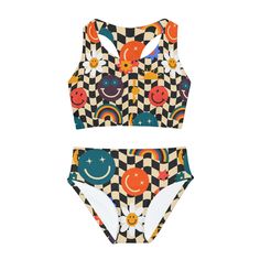 Retro Checkerboard Two Piece Youth Bathing Suit | Smiley Face Check Pattern Girls Bikini | Free Shipping | jaecrece.com | 
#retroswimwear #girlsbikini #tweenbathingsuit #checkerbikini #girlsbathingsuit #tweenbikini #mommyandmeswimwear #familymatchingbathingsuits Mommy And Me Swimwear, Retro Swimwear, Two Piece Swimsuit, Smiley Faces, Womens Workout Outfits, High Waist Bottoms, Adulting Shirts, 4 Way Stretch Fabric, Girl Pattern