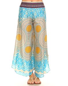 Turquoise Floral Mandala Printed Side Cut Palazzo Pants | Blue Spring Boho Print Harem Bottoms, Hippie Boho Print Vacation Bottoms, Summer Vacation Boho Print Bottoms, Summer Beach Boho Print Bottoms, Summer Boho Print Harem Bottoms, Boho Print Harem Bottoms For Summer, Bohemian Blue Ankle-length Wide Leg Pants, Blue Bohemian Wide-leg Pants, Boho Print Hippie Pants For Vacation