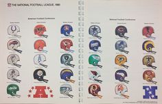 the national football league book is open to pages with helmets on them and numbers in different colors