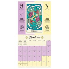 a calendar with an image of two fish on the front and back of it, in pastel colors