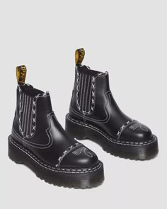 2976 Gothic Americana Leather Platform Chelsea Boots in Black | Dr. Martens Dr Martens Quad, Gothic Americana, Gothic Subculture, Platform Doc Martens, 2976 Chelsea Boots, Dr Martens 2976, Country And Western, Black Dr Martens, Platform Chelsea Boots