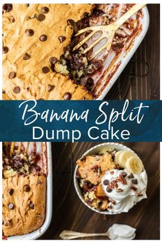 banana split dump cake with chocolate chips and whipped cream in the middle, on a wooden table