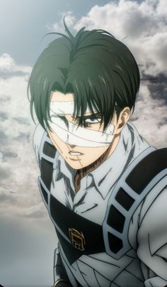 an anime character with black hair and white shirt looking at the camera while standing in front of clouds