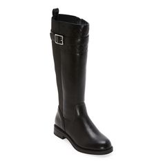 These St. John's Bay women's Winterwood riding boots are a chic must-have for your seasonal wardrobe. Crafted from faux leather with a rubber sole, they feature a closed plain toe, a wide calf with a side buckle detail, a flat heel, and memory foam insoles ensuring all-day comfort. Wear yours with jeans and sweater dresses. Features: Memory FoamClosure Type: Buckle, Side ZipperFootwear Technology: Memory Foam InsoleShaft Circumference: 16 InchesBoot Shaft Height: 14 1/2 InchesShoe Heel Height: 1 Knee-high Riding Boots With Buckle Closure, Winter Riding Knee-high Boots With Round Toe, Medium Width Knee-high Moto Boots For Work, Knee-high Moto Boots For Work, Medium Width, Knee-high Moto Boots For Workwear, Knee-high Moto Boots For Work, Wide Calf Knee-high Riding Boots, Wide Calf Riding Knee-high Boots For Winter, Knee-high Winter Boots With Buckle Closure