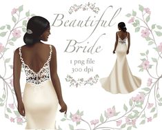 a woman in a white dress standing next to a floral frame with the words beautiful bride on it