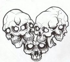 three skulls with their heads facing each other