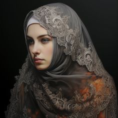 a painting of a woman wearing a veil with intricate lace on it's head