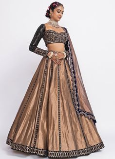 Copper and Green Tissue Lehenga Set Vvani by Vani Vats - Fabilicious Fashion Copper Lehenga, Tissue Lehenga, Green Velvet Blouse, Tissue Dupatta, Vani Vats, Hand Embroidered Blouse, Indian Outfits Lehenga, Velvet Blouse, Green Lehenga