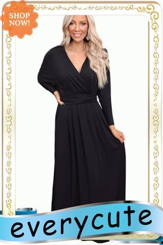 Black Wrap V Neck Dolman Sleeve Pleated Maxi Dress Casual Evening Maxi Dress For Fall, Party Batwing Sleeve Fall Dresses, Casual Fall Evening Maxi Dress, Fall Party Dress With Batwing Sleeves, Black Maxi Dress For Evening, Black V-neck Maxi Dress For Work, Black Solid Maxi Dress For Workwear, Casual Black Dress With Batwing Sleeves, Casual Black Batwing Sleeve Dress