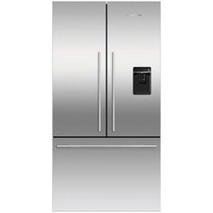 a stainless steel refrigerator freezer with two doors and one door on the left side