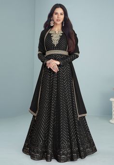 Black faux georgette abaya style anarkali suit 9291E Desc: Style : Long Anarkali Suits Color : Black Fabric : Faux Georgette Work : Embroidery Sequence Wash Care : Dry clean Sleeve Style : Full Sleeve Long Sleeves : Done only in Custom Stitch Sleeves Lining : Done only in Custom Stitch Bust Size : 32 to 42 Inches Occasion : Party Wear Wedding Christmas Mehendi Sangeet Engagement Reception Ceremonial. With Express Free Shipping Buy Indian Party wedding wear bridal Anarkali Salwar Black faux georg Black Long Sleeve Anarkali Set For Party, Traditional Black Georgette Anarkali Set, Black Long Sleeve Formal Anarkali Set, Black Anarkali Set With Sequins, Black Georgette Floor-length Anarkali Set, Bridal Anarkali, Black Anarkali, Eid Fashion, Designer Anarkali Dresses