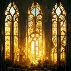 the sunlight shines through two large stained glass windows