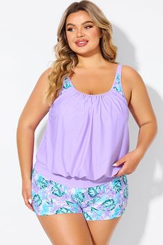 Plus Size Floral Print Light Purple Tankini Top Blouson Tankini, Plus Size Swimsuit, Plus Size Tankini, Swimsuit Trends, Swimsuit Bottoms, Coverup Skirt, Tankini Set, Plus Size Swimsuits, Cup Bra