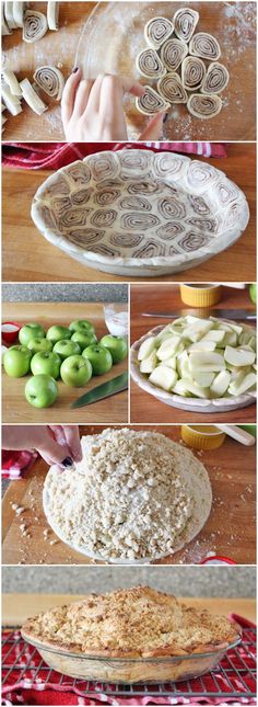 the process for making an apple pie is shown in four different stages, including dough and apples