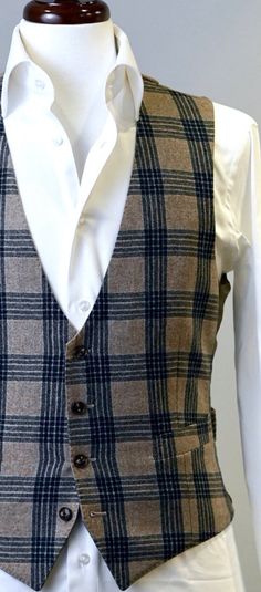 Taupe & Green Plaid Waistcoat – Christopher Korey Collective Lesbian Formal Outfits, Christopher Korey, Thrift Board, Hair References, Men Waistcoat, Southern Fashion, Clothing Reference, Tweed Waistcoat, Mens Waistcoat