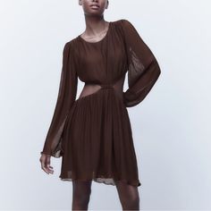 Zara Deep Brown Cutout Dress. Beautiful Neutral Pleated Long Sleeve Dress. Features Back And Side Cutouts With Elastic Banding. Brand New With Tag! Measurements 36.5” Long 29” Sleeve 18” Pit To Pit Boho Style Dresses, Pleated Mini Dress, Pleated Fabric, Strappy Dresses, Jacquard Dress, Denim Mini Dress, Knit Mini Dress, Sequin Mini Dress, Cutout Dress