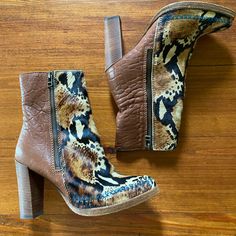 The Coolest Free People Pony Hair Snake Print Heels With Leather Detail. Zip On Sides. Blue Stitching At Toes Ankle Boots Animal Print Boots Fp Boots Boho Style Snake Print Heels, Boots Boho, Animal Print Boots, Print Boots, Leather Detail, Free People Shoes, Pony Hair, Printed Leather, Leather Ankle Boots