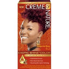 Creme of natureu2019s color exotic shine invigorates the hair with vibrant, saturated, long-lasting color without causing damage. With double Moroccan argan oil and stand-coating micro-sphere technology, this formula strengthens, nourishes, and hydrates tresses as it locks in moisture for an ultra-soft feel, glossy finish, and anti-breakage power. Each exotic shine color uses nourishing microsphere technology to penetrate and coat each strand of hair with a layer of pigment that results in four Rich Hair Color, Creme Of Nature, Black Henna, Hair Color Burgundy, Creme Color, Color Your Hair, Hair Starting, Hair Shine, Oil Treatments