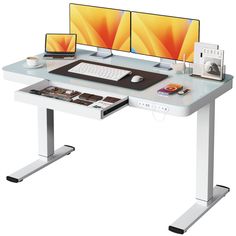 a computer desk with two monitors and a keyboard on it's side, in front of a white background