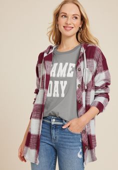 Cabin Plaid Boyfriend Hooded Button Down Shirt - Casual Hooded Top With Button Closure, Casual Cotton Hoodie With Button Closure, Hooded Cotton Top With Button Closure, A Cabin, Favorite Sweater, List Style, Flannel Fabric, Plus Dresses, Cotton Flannel