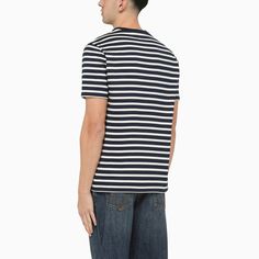 Blue and white striped cotton T-shirt from A.P.C. featuring short sleeves, crew neck, chest logo and regular fit.Model wears size M Model measurements: Height: 185 cm Chest: 100 cm Waist: 83 cm Hips: 92 cm100% Cotton Jean Touitou, Striped T Shirt, Winter Sale, Color Azul, A P, Cotton T Shirt, Fashion Designer, Cotton Tshirt, Online Store