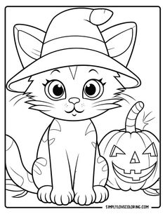 a cat wearing a witches hat and holding a jack - o'- lantern coloring page