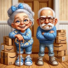 an older man and woman standing next to each other with boxes on the floor in front of them